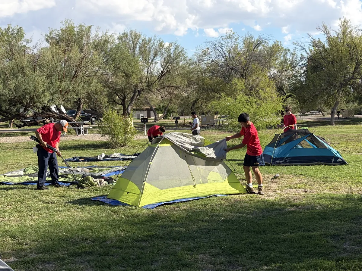 Scouts handling tent fabric and poles in a grassy camping area.