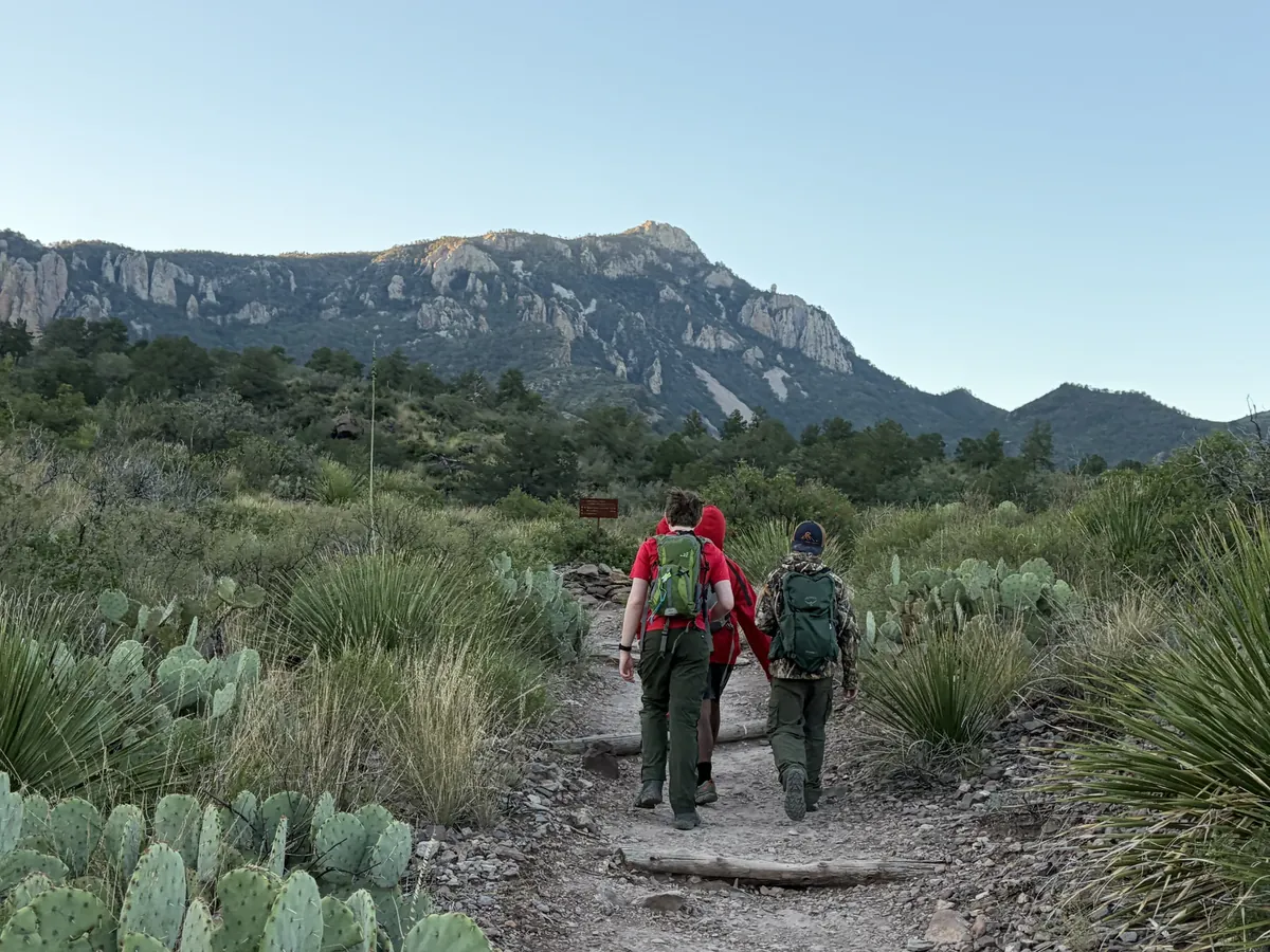 Scouts with backpacks walking along a rocky trail bordered by cactus and shrubs, with mountains ahead.